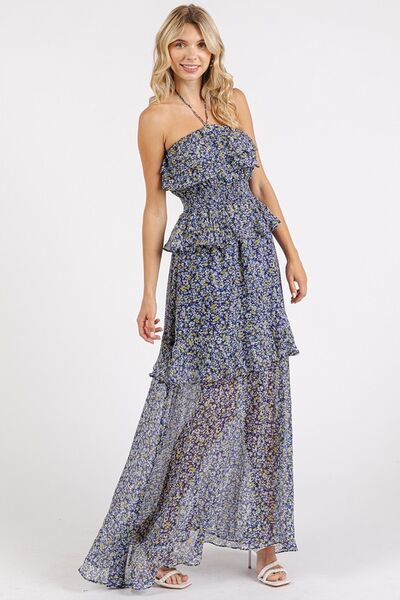 Mittoshop - Dark Navy Floral Ruffled Halter Neck Maxi Dress