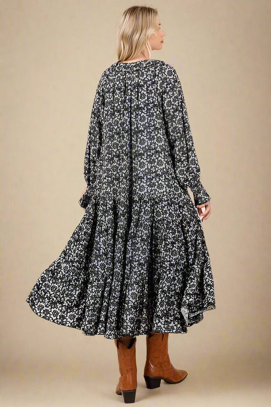Mittoshop - Dark Navy Printed Flounce Sleeve Midi Dress