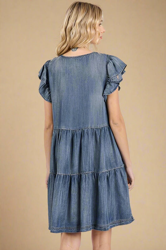 Mittoshop - Dark Wash Denim Ruffle Sleeve Mini Dress