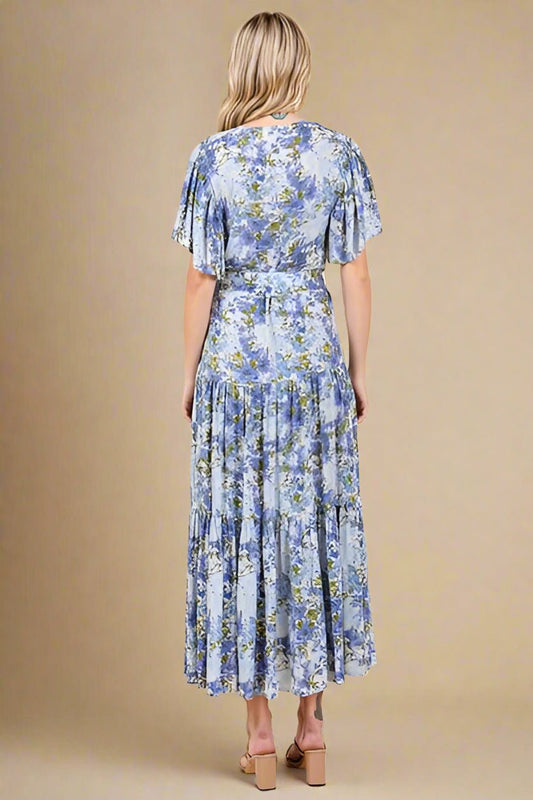 Mittoshop - Dusty Blue Floral Tie Waist Midi Dress