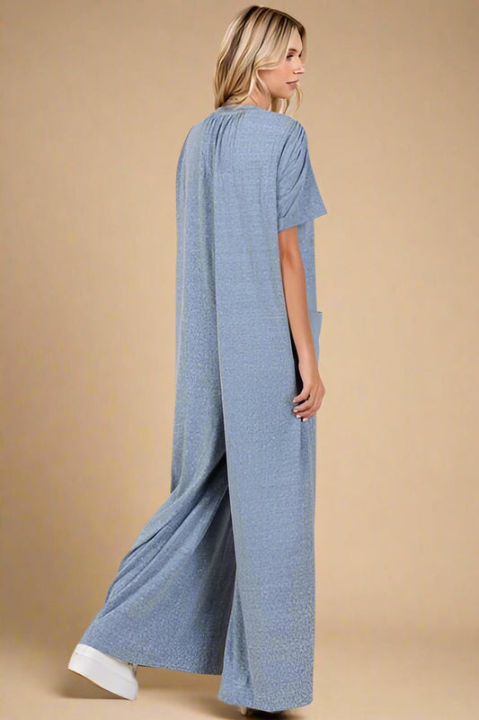 Mittoshop - Dusty Blue Short Sleeve Wide Leg Jumpsuit