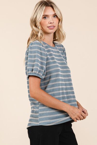 Mittoshop - Dusty Blue Striped Puff Sleeve Knit Top