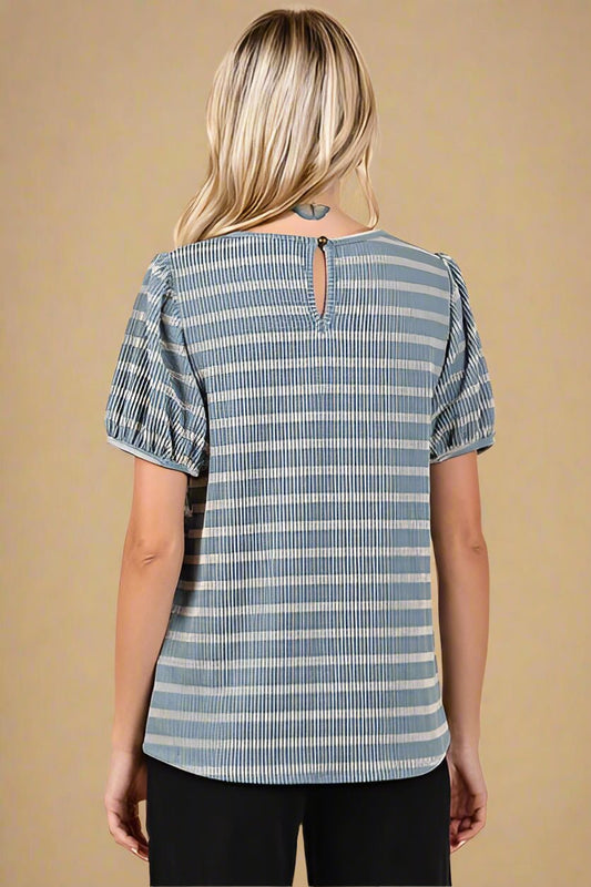 Mittoshop - Dusty Blue Striped Puff Sleeve Knit Top