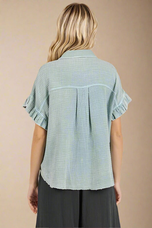 Mittoshop - Faded Blue Mineral Washed Flounce Sleeve Shirt