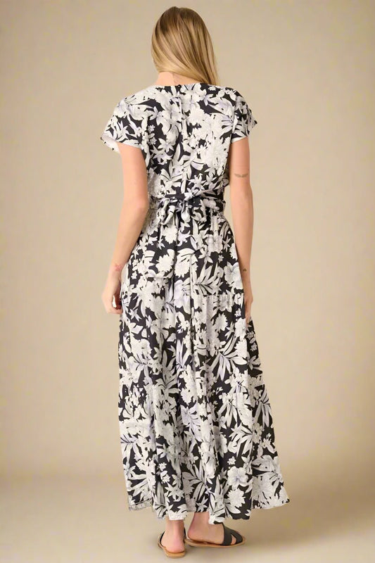 Mittoshop - Floral Cap Sleeve Top & Maxi Skirt Set in Black & Ivory