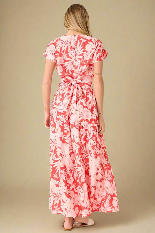 Mittoshop - Floral Cap Sleeve Top & Maxi Skirt Set in Coral Red & Pink