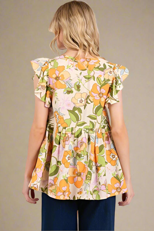 Mittoshop - Floral Ruffled Cap Sleeve Blouse in Tangerine