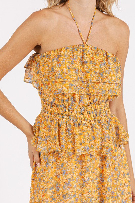 Mittoshop - Floral Ruffled Halter Neck Maxi Dress in Tangerine