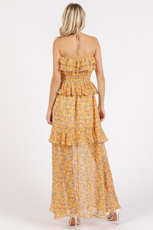 Mittoshop - Floral Ruffled Halter Neck Maxi Dress in Tangerine