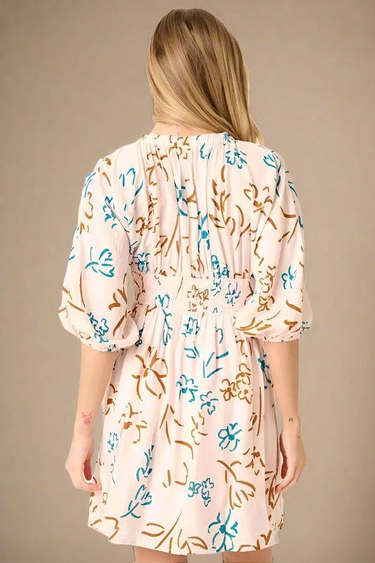 Mittoshop - Floral Smocked Waist Mini Dress in Sandstone & Teal