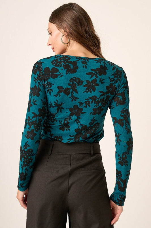 Mittoshop - Flower Print Long Sleeve Knit Top in Teal
