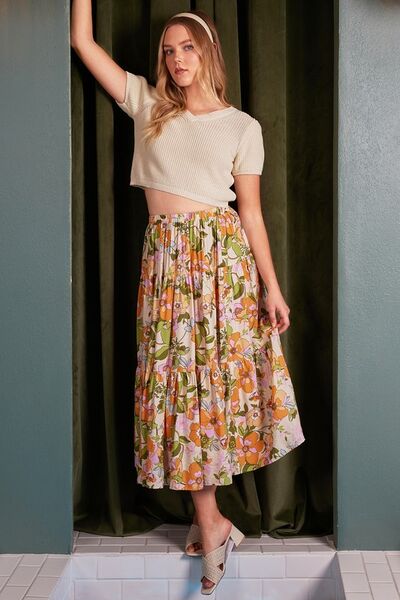 Mittoshop - Flower Print Midi Skirt in Tangerine