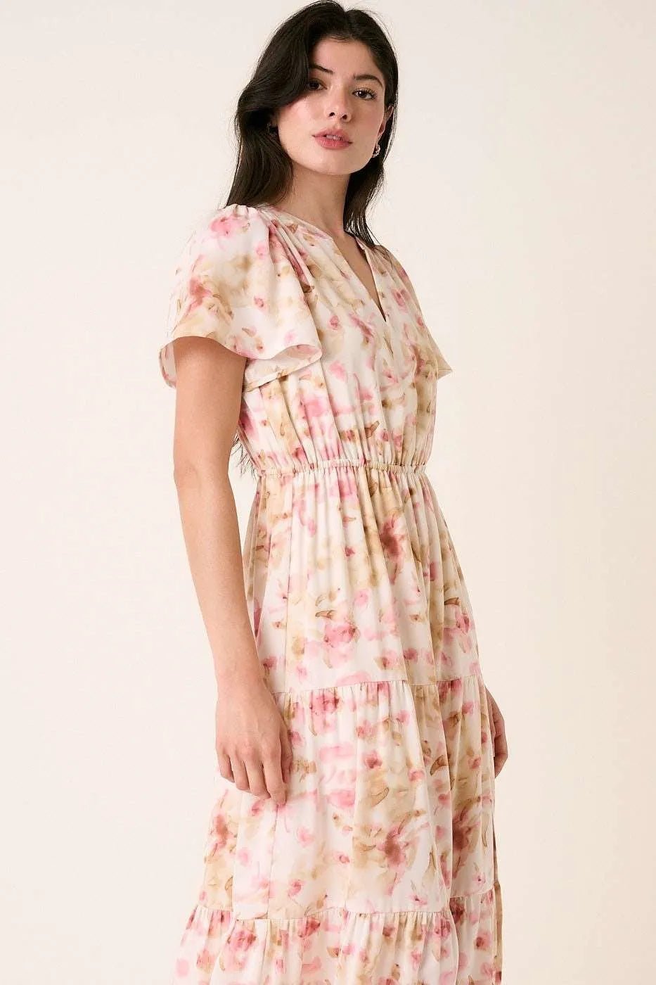 Mittoshop - Flutter Sleeve Tiered Midi Dress in Blush & Beige Floral