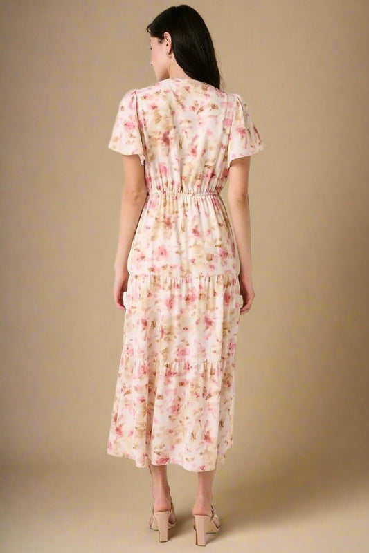 Mittoshop - Flutter Sleeve Tiered Midi Dress in Blush & Beige Floral