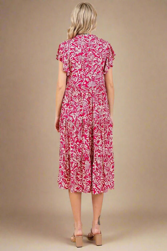 Mittoshop - Flutter Sleeve Tiered Midi Dress in Fuchsia & Cream