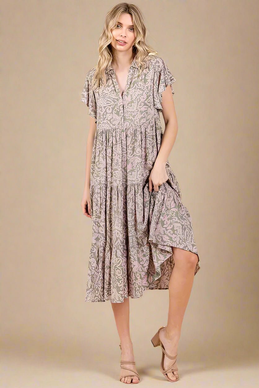Mittoshop - Flutter Sleeve Tiered Midi Dress in Sage & Mauve