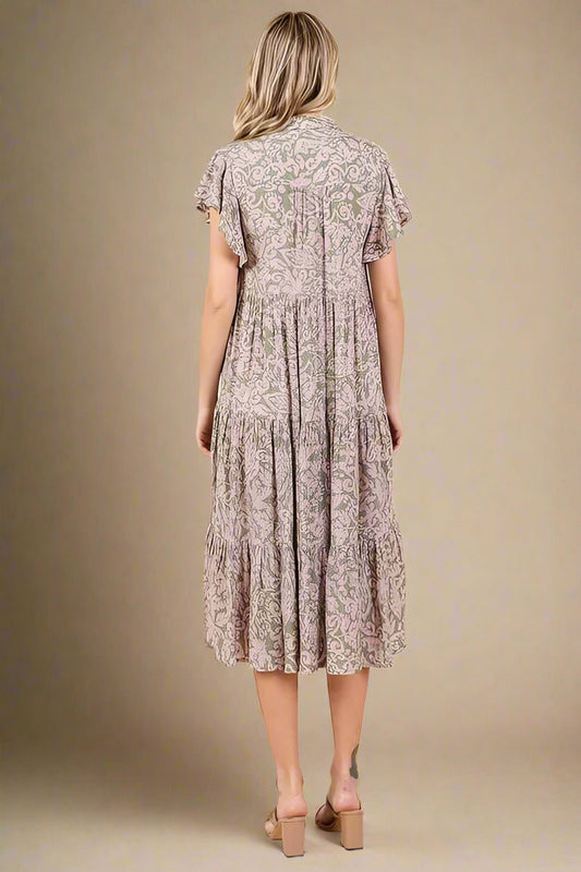 Mittoshop - Flutter Sleeve Tiered Midi Dress in Sage & Mauve