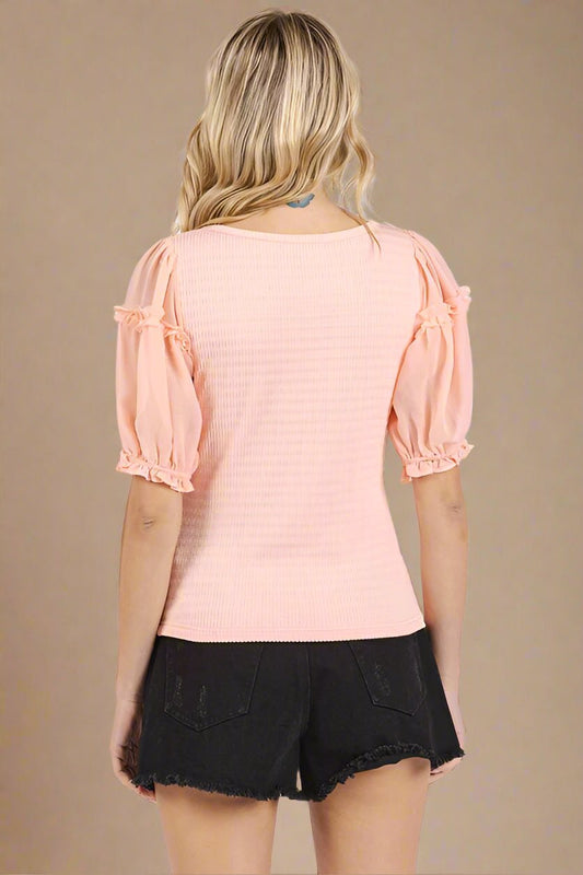 Mittoshop - Frill Trim Short Sleeve Blouse in Peach