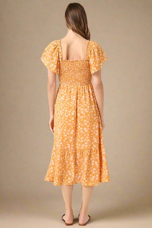 Mittoshop - Gold Floral Flutter Sleeve Midi Dress