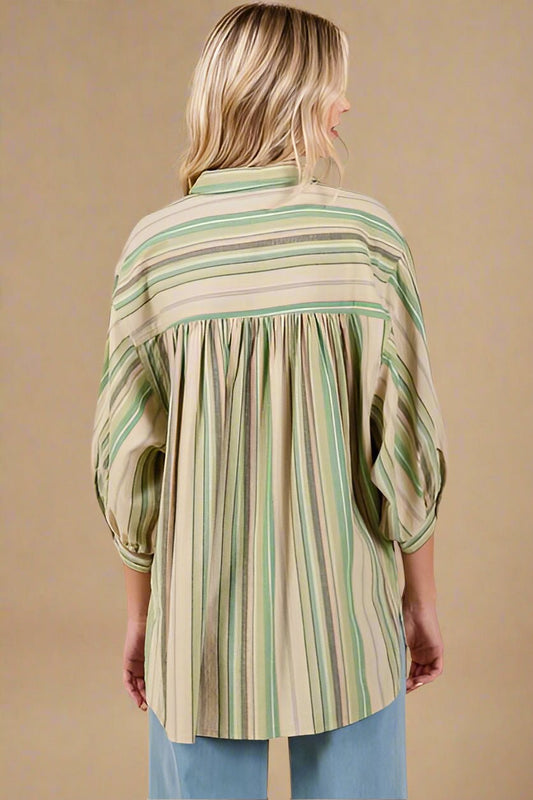 Mittoshop - Green Tea Striped Bubble Sleeve Shirt