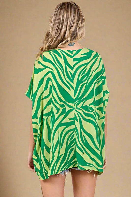 Mittoshop - Green Zebra Print Short Sleeve Oversized Top