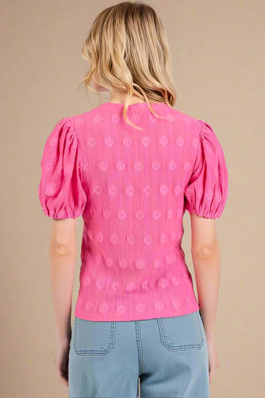 Mittoshop - Hot Pink Floral Jacquard Short Sleeve Top