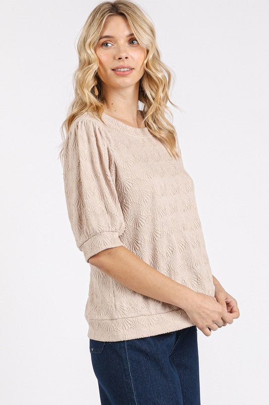 Mittoshop - Jacquard Puff Sleeve Knit Top in Tan