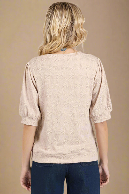 Mittoshop - Jacquard Puff Sleeve Knit Top in Tan