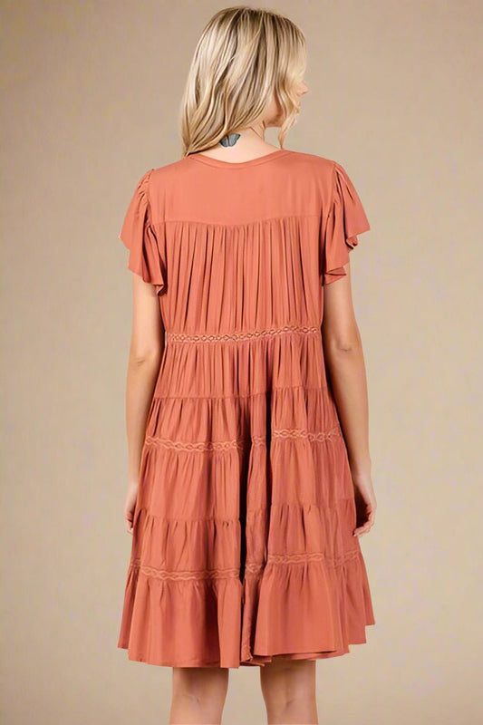 Mittoshop - Lace Detail Tiered Mini Dress in Pumpkin