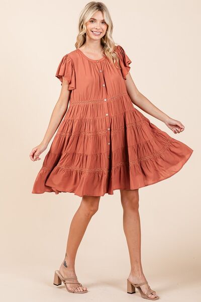 Mittoshop - Lace Detail Tiered Mini Dress in Pumpkin