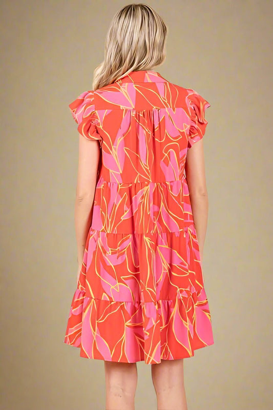 Mittoshop - Leaf Print Ruffle Sleeve Tiered Mini Dress in Coral
