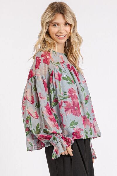 Mittoshop - Light Blue Floral Flounce Sleeve Blouse