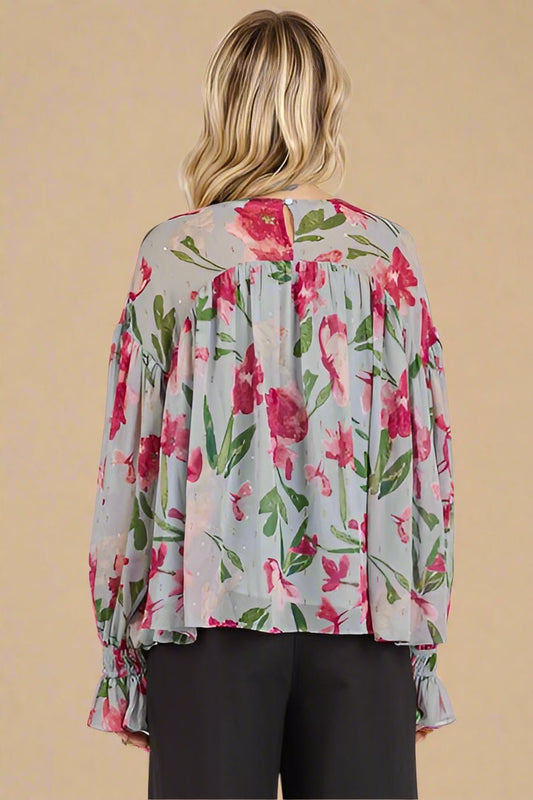 Mittoshop - Light Blue Floral Flounce Sleeve Blouse
