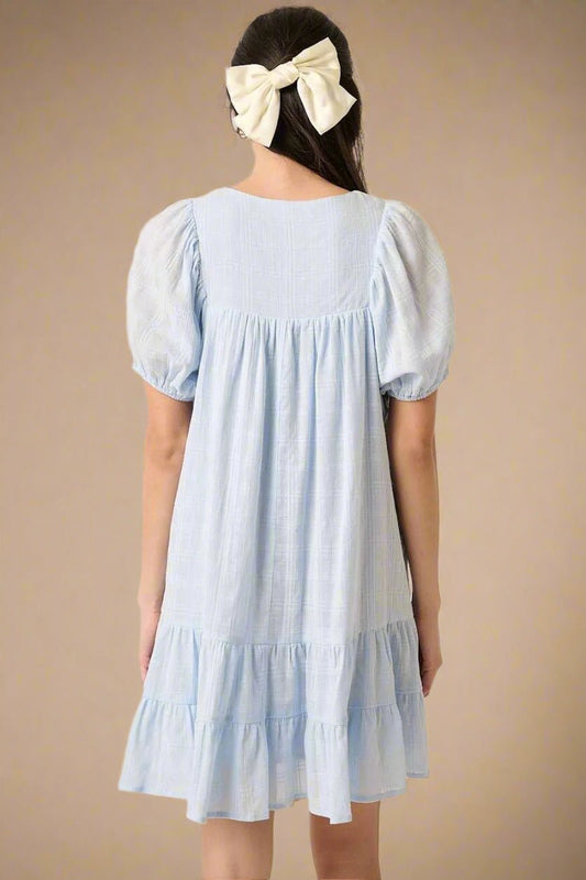Mittoshop - Light Blue Smocked Yoke Tiered Mini Dress