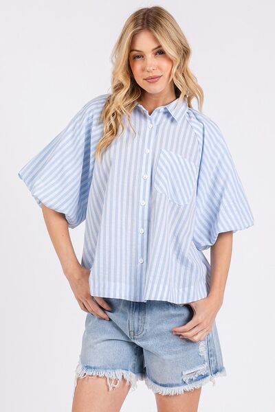 Mittoshop - Light Blue Striped Puff Sleeve Shirt