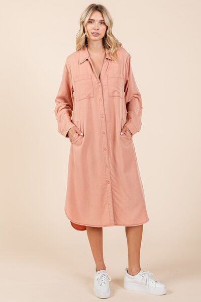 Mittoshop - Long Sleeve Midi Shirt Dress in Burnt Coral