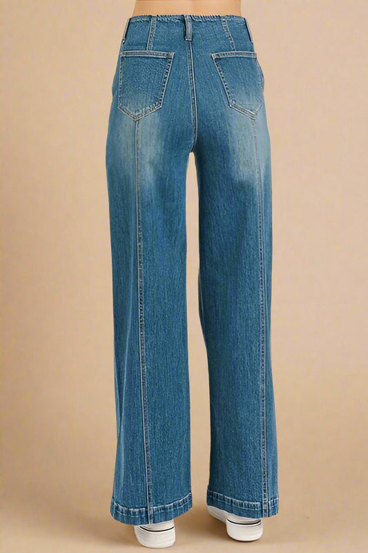 Mittoshop - Medium Wash Seam Detail Wide Leg Jeans