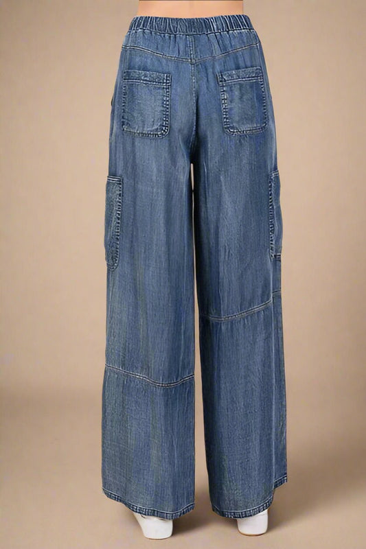 Mittoshop - Medium Wash Wide Leg Cargo Pants
