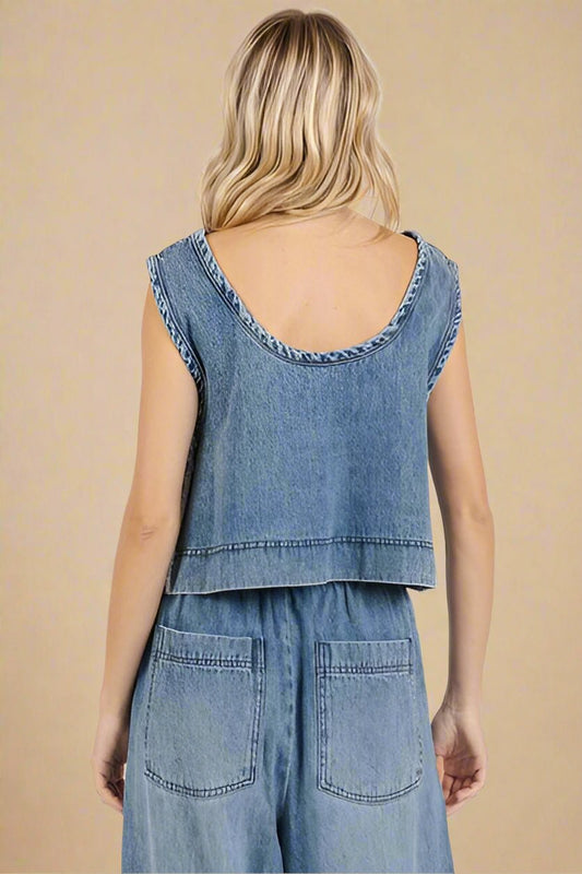 Mittoshop - Medium Washed Distressed Denim Crop Tank