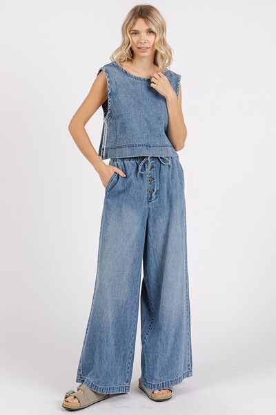 Mittoshop - Medium Washed Distressed Denim Crop Tank