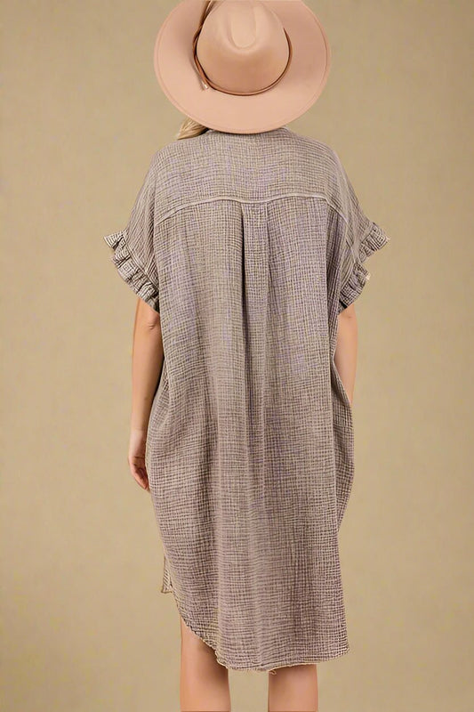 Mittoshop - Mineral Wash Cotton Gauze Mini Shirt Dress in Toffee