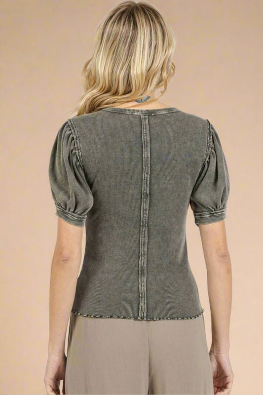 Mittoshop - Mineral Wash Puff Sleeve Top in Charcoal