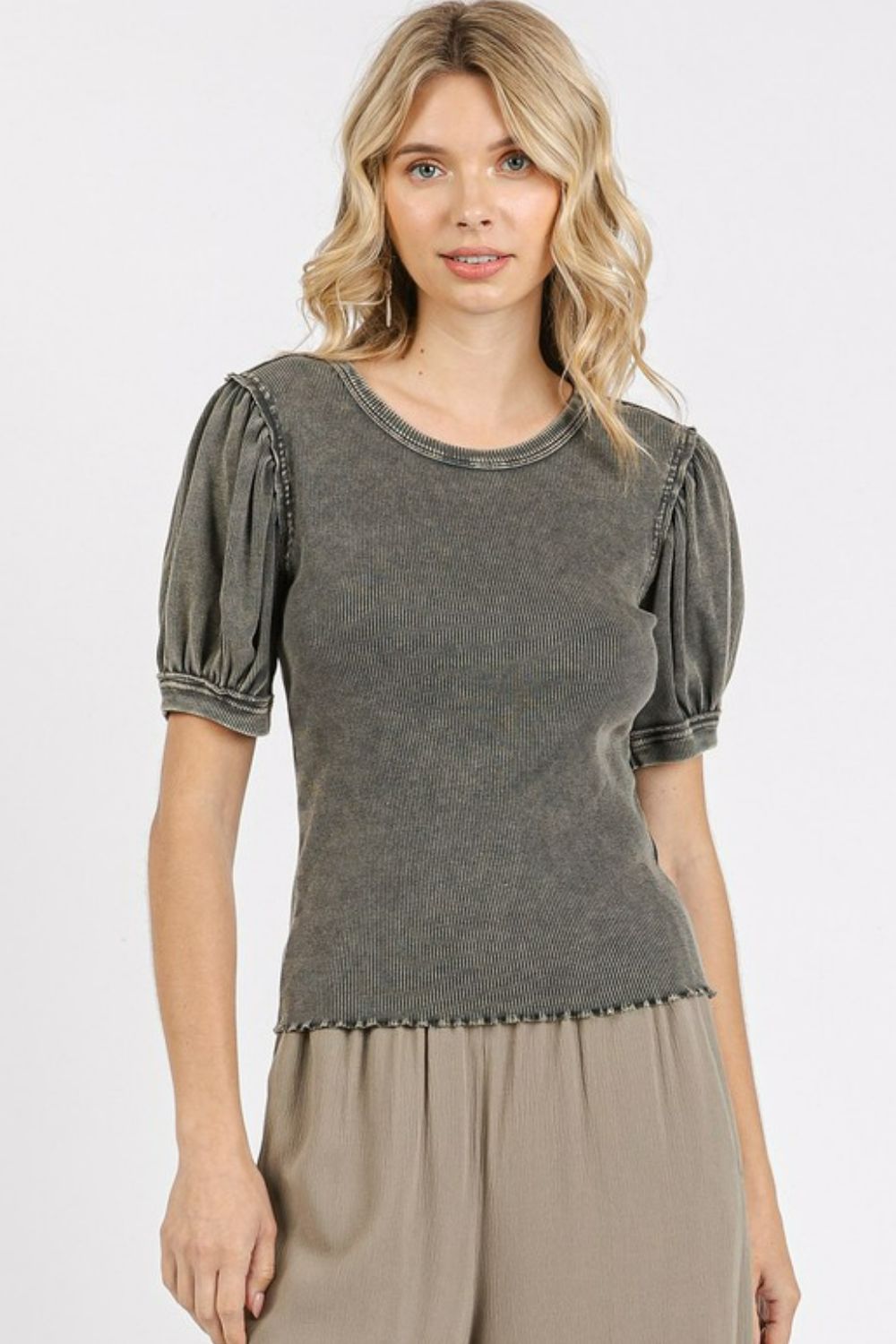 Mittoshop - Mineral Wash Puff Sleeve Top in Charcoal
