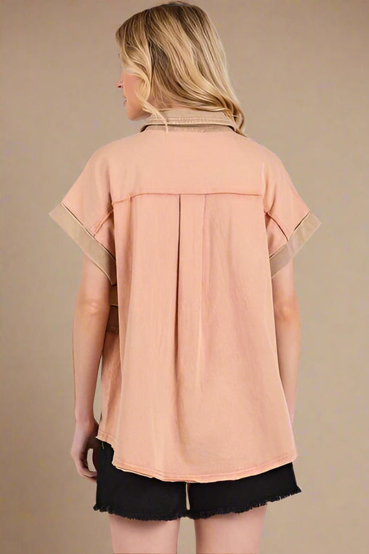 Mittoshop - Mineral Washed Half Button Top in Apricot