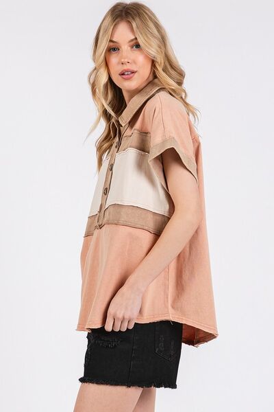 Mittoshop - Mineral Washed Half Button Top in Apricot