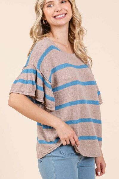Mittoshop - Mocha & Blue Striped Flounce Sleeve Knit Top