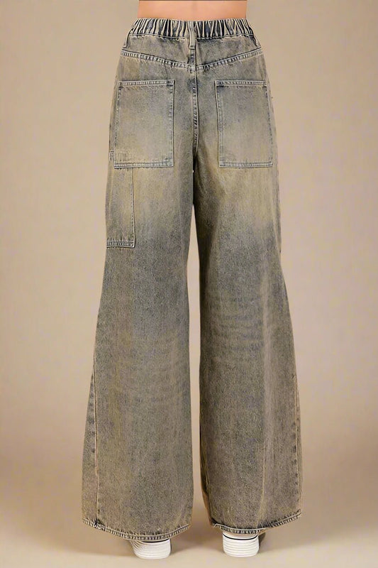 Mittoshop - Mud Denim Washed Wide Leg Jeans