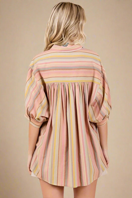 Mittoshop - Multicolor Striped Bubble Sleeve Shirt