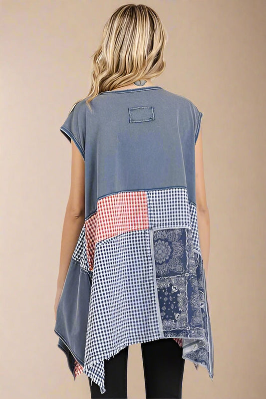 Mittoshop - Navy Patchwork Mineral Washed Cap Sleeve Top