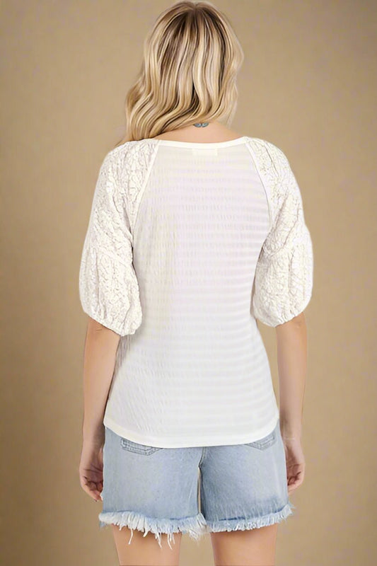 Mittoshop - Off - White Mixed Media Puff Sleeve Blouse